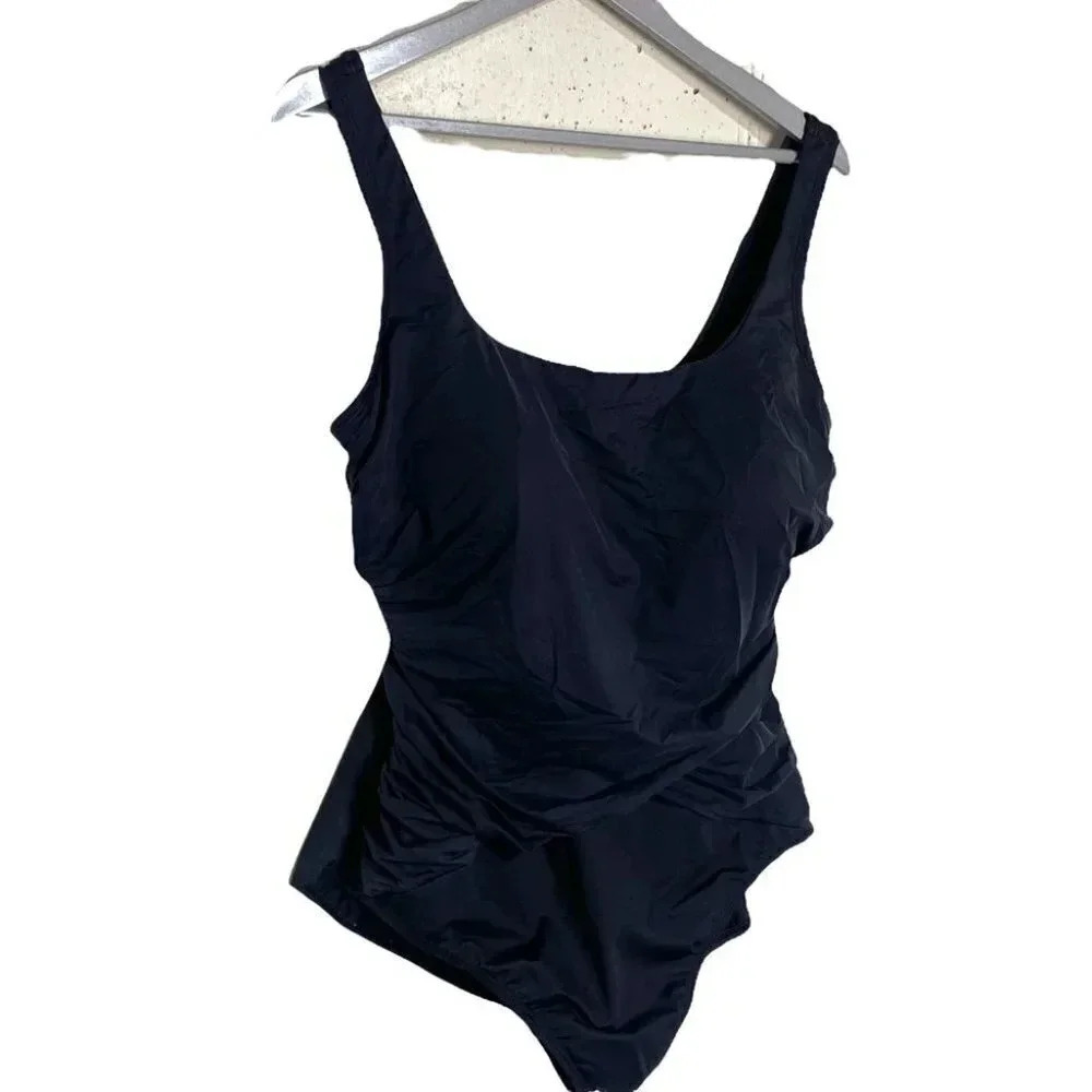 Lands' End One Piece Swimsuit 18W DDD Black Ruched‎ Tummy Control Scoop Neck